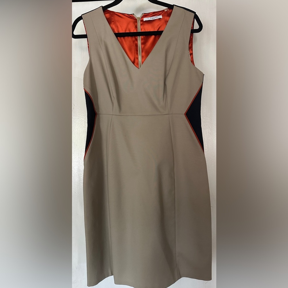 Elegant Tahari Tan Sleeveless Dress